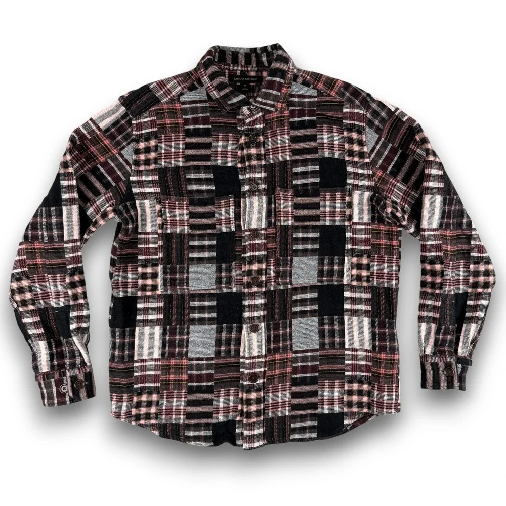 Banana Republic Shirt Mens M Black Plaid Patchwork Shacket Heavy‎ Flannel